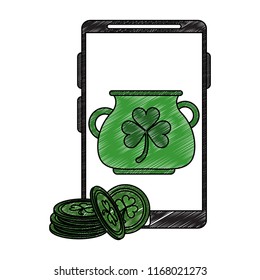 Irish pot on smartphone screen and coins scribble