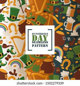 Irish pub banners, vector illustration. St Patricks day festival, traditional holiday in Ireland. Smiling leprechaun and symbols of luck and fortune. Invitation to a party in Irish style in a beer pub