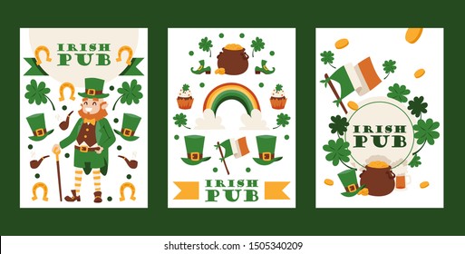 Irish pub banners, vector illustration. St Patricks day festival, traditional holiday in Ireland. Smiling leprechaun and symbols of luck and fortune. Invitation to a party in Irish style in a beer pub
