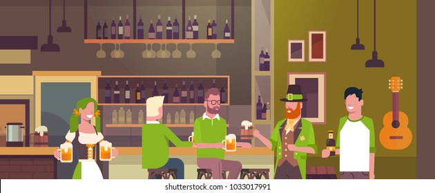 Irish Pub Or Bar On St. Patricks Day Holiday With People Wearing Green Clothes And Drinking Beer Celebrating Flat Vector Illustration