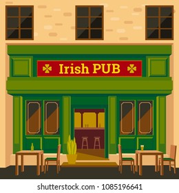 Irish Pub Exterior Vector Illustration. Flat Design Of Facade. Beer House  Building Concept.