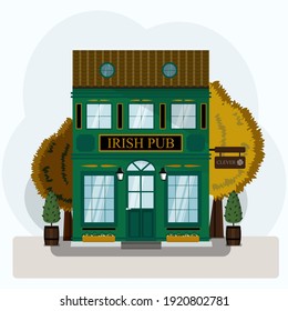 Ilustración vectorial exterior de pub irlandés. Diseño plano de fachada. Concepto de construcción de cervecerías. Restaurante de dos plantas esmeralda de estilo europeo. Ilustración de una calle de la ciudad. Día de San Patricio.