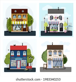 Irish pub exterior vector illustration. Flat design of facade. Beer house building concept. Emerald two-story restaurant in the European style. Illustration of a city street.
