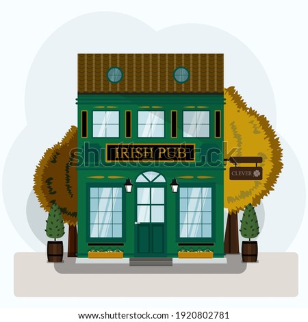 Irish pub exterior vector illustration. Flat design of facade. Beer house building concept. Emerald two-story restaurant in the European style. Illustration of a city street. St. Patrick s Day.