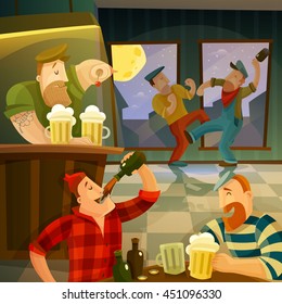  Irish Pub Interior With Drinking And Dancing People Cartoon Vector Illustration 