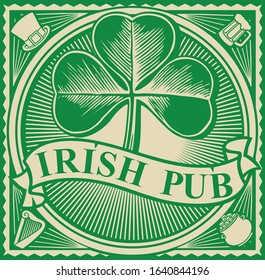 Irish pub label design with three leaf clover