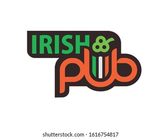 Irish Pub Logotype Concept. Beer Mug Stylized U Letter. Irish Flag And Clover. Black Outline Shape. Editable EPS Vector