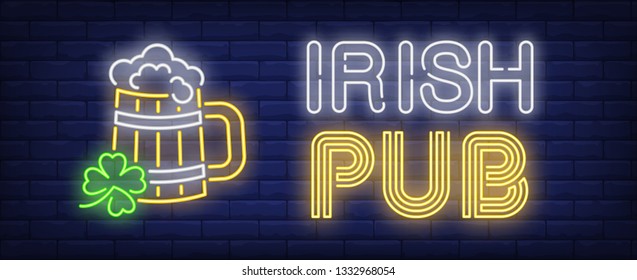 Irish pub neon sign. Beer mug in shape of barrel and shamrock. Bar, Patricks day, Oktoberfest. Night bright advertisement. Vector illustration in neon style for drinks, service, traditional culture