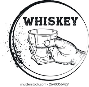 Irish pub poster, restaurant poster, sketch drawing glass of whiskey in hand. Splashes, grunge style, brush strokes, strong alcohol, bourbon, rum