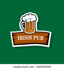 irish pub sticker in cartoon style.mug of beer with wodeen desk and irish pub text. Cartoon sticker in comics style. 