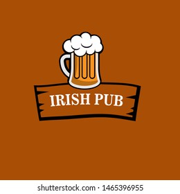 irish pub sticker in cartoon style.mug of beer with wodeen desk and irish pub text. Cartoon sticker in comics style. 