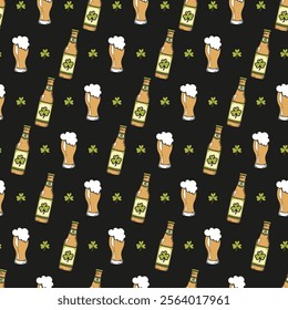 Irish Pub Vibes Beer Glass and Bottles Pattern. Perfect for crafting holiday-themed decorations, digital designs, party invitations, or gift wraps that celebrates the joy and luck of St. Patrick Day