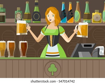 irish pub waitress serving two mugs of beer