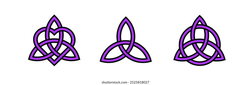 Triquetra púrpura irlandesa.  Nudo púrpura interminable. Símbolo religioso pagano. Trébol geométrico simétrico. 