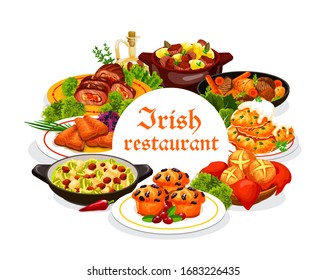 Irish restaurant food with vector dishes of vegetable, meat and fish with dessert. Irish stews with beef, rabbit and lamb, potato pancakes and colcannon, salmon, cabbage salad, soda bread and cupcakes svg