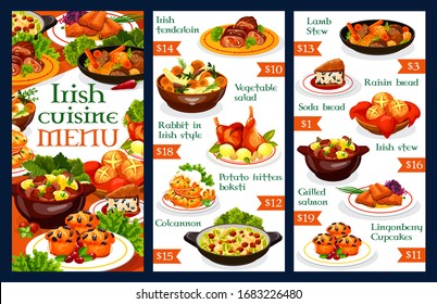 Irish restaurant menu template. Vector dishes of vegetable meat stews, potato pancakes, grilled salmon fish and cabbage salad, soda bread, beef, rabbit and lamb, lingonberry cupcakes and colcannon svg