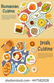 Irish and romanian cuisine dishes served with meat and fish, pancakes,  breakfast, cabbage rolls, beef, brussel sprouts, eggplant salads, thick stews and soups, bread with coffee and lemonade