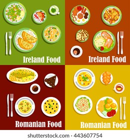 Irish and romanian cuisine with pancakes and corned beef salad, pigs fits and meatball soup, fish and potato casserole, vegetable and meat stews, sweet bread, chocolate cake and merengue dessert    