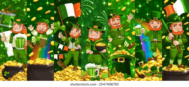 Collage de personajes de duende del día de San Patricio irlandés para vacaciones en Irlanda, fondo de Vector. Personajes divertidos de leprechaun de dibujos animados con bandera de Irlanda, tréboles de trébol y ollas de monedas de oro con fuegos artificiales