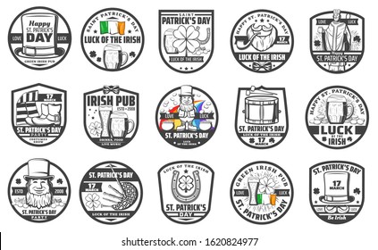Irish Saint Patrick day, party and Irish beer pub icons. Vector St Patrick with shillelagh and ale beer pint, leprechaun in hat with coins in cauldron, Ireland flag and rainbow with horseshoe