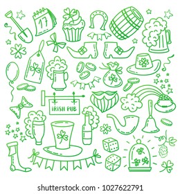 Irish Saint Patrick s Day icons and elements isolated on white background. Traditional hand drawn Irish party symbols . Doodle style vector illustration