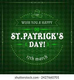 Irish Saint Patricks Day holiday greetings on green pattern background, vector banner. Happy St Patrick day poster with leprechaun hat and luck wish greetings ribbon frame for Irish holiday festival