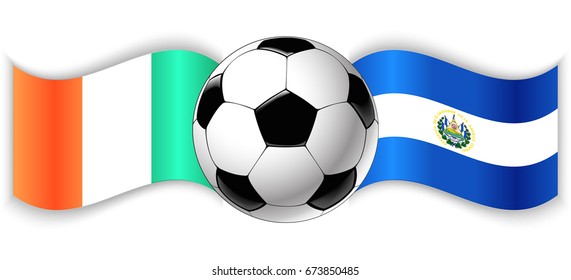 Irish and Salvadoran wavy flags with football ball. Ireland combined with El Salvador isolated on white. Football match or international sport competition concept.
