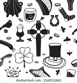 Irish seamless pattern. Vector illustration background. Guinness, beer, clover, whiskey, coffee, hat, St. Patrick, sports equipment, coins, pot of gold, Celtic cross, pipe. Traditions of the country.