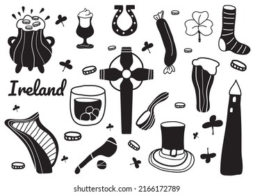 Irish set. The background of the vector illustration. Guinness, beer, clover, whiskey, coffee, hat, St. Patrick, sports equipment, coins, pot of gold, Celtic cross, pipe. Traditions of the country.