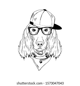 Irish Setter breed dog wear glasses, cap, bandana isolated on white background Symmetrical pet head. Realistic hand drawn vector illustration.