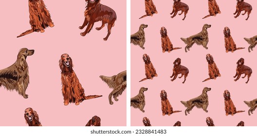 Irish setter dog holiday wallpaper. Pets square background, repeatable pink plain pattern, print tiles. Seamless pattern with dogs in a stitting and standing pose. Summer background with pets.