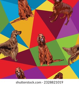 Irish setter dog on a mosaic geometric background. Funky, colorful vibe, rainbow colors palette. Simple, clean, modern texture. Geometric, polygon style. Summer seamless pattern with dogs, funky style