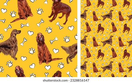 Irish setter dog on a playful yellow background with bones and paws. Funky, colorful vibe, vibrant palette. Simple, clean, modern texture. Summer seamless pattern with dogs. Birthday present. Love.