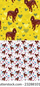 Irish setter dog Valentine's day wallpaper. Yellow and green hearts on a bright background. Holiday square background, repeatable pattern. St Valentine's day wallpaper. Festive drawing with dogs.