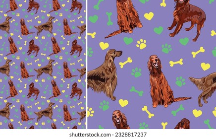 Irish setter dogs on a playful violet background with bones, hearts, paws. Funky, colorful vibe, vibrant palette. Simple, clean, modern texture. Summer seamless pattern with dogs. Birthday present.