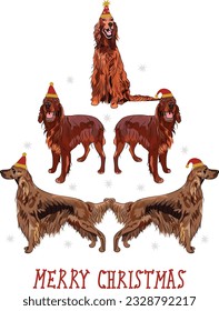 Irish setter dogs wearing winter hats. Cute funny dogs. Abstract Christmas tree. Vector illustration. Merry Christmas greeting card with the cute funny sitting and standing dogs, holiday present.