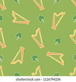 Irish shamrock, clovers, harp pattern. Symbols of Ireland. Vector pattern for Saint Patrick's Day holiday greeting card design