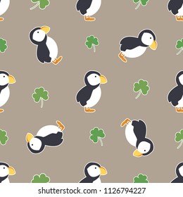 Irish shamrock, clovers, puffins pattern. Symbols of Ireland. Vector pattern for Saint Patrick's Day holiday greeting card design