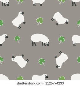 Irish shamrock, clovers, sheep pattern. Symbols of Ireland. Vector pattern for Saint Patrick's Day holiday greeting card design