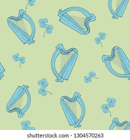 Irish shamrock and harp. St. Patrick's day festive seamless pattern. EPS 10 vector illustration