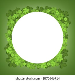 Irish shamrock leaves frame isolated on green background for holiday greeting card design, Irish symbol Good Luck, Vector pattern for Saint Patrick's day background with clover or shamrocks leaves