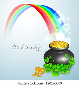 Irish shamrock leaves and golden coins pot flyer, banner or background for Happy St. Patrick's Day. EPS 10.