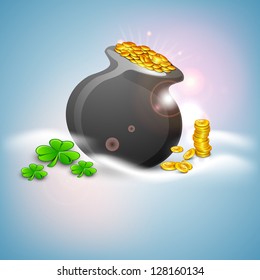 Irish shamrock leaves and golden coins pot flyer, banner or background for Happy St. Patrick's Day. EPS 10.