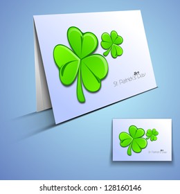 Irish shamrock leaves greeting or gift card for Happy St. Patrick's Day. EPS 10.