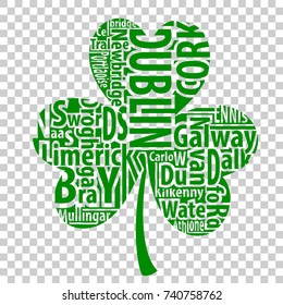 Irish shamrock vector art with the names of the biggest cities of Ireland for St.Patrick's Day.