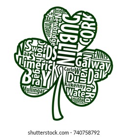 Irish shamrock vector art with the names of the biggest cities of Ireland for St.Patrick's Day.