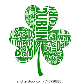 Irish shamrock vector art with the names of the biggest cities of Ireland for St.Patrick's Day.