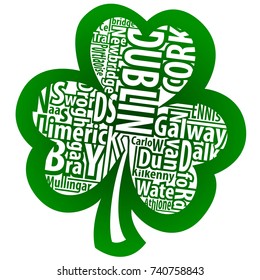 Irish shamrock vector art with the names of the biggest cities of Ireland for St.Patrick's Day.