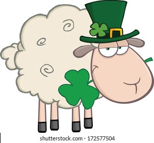 Irish Sheep Carrying A Clover In Its Mouth. Vector Illustration Isolated on white