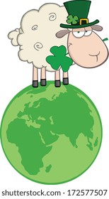 Irish Sheep Carrying A Clover In Its Mouth On A Globe. Vector Illustration Isolated on white